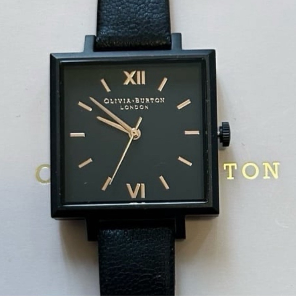 Olivia Burton Black Square Dial Leather Strap Watch